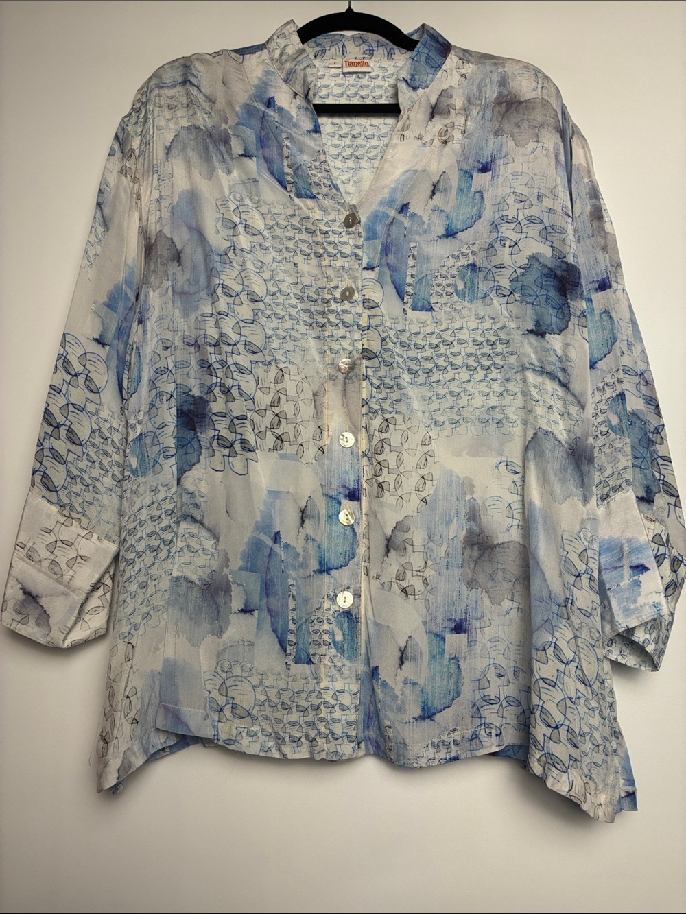 Tianello Silk Light Blue Floral Watercolor Button-Up Blouse by Steve Barraza